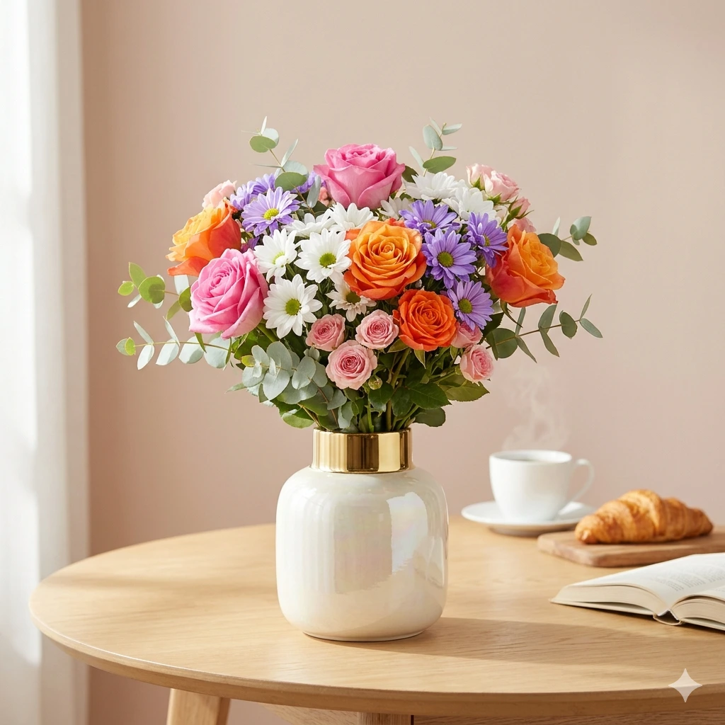 Bouquet coloré Bamako sur table de petit-déjeuner dominical, roses et marguerites multicolores dans vase nacré, Pétence Florale