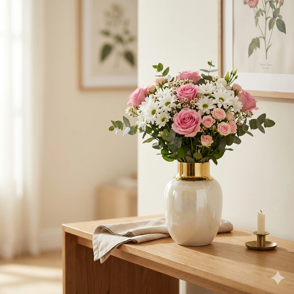 Bouquet de fleurs à Bamako, composition classique pastel dans un vase nacré sur console en bois, Pétence Florale