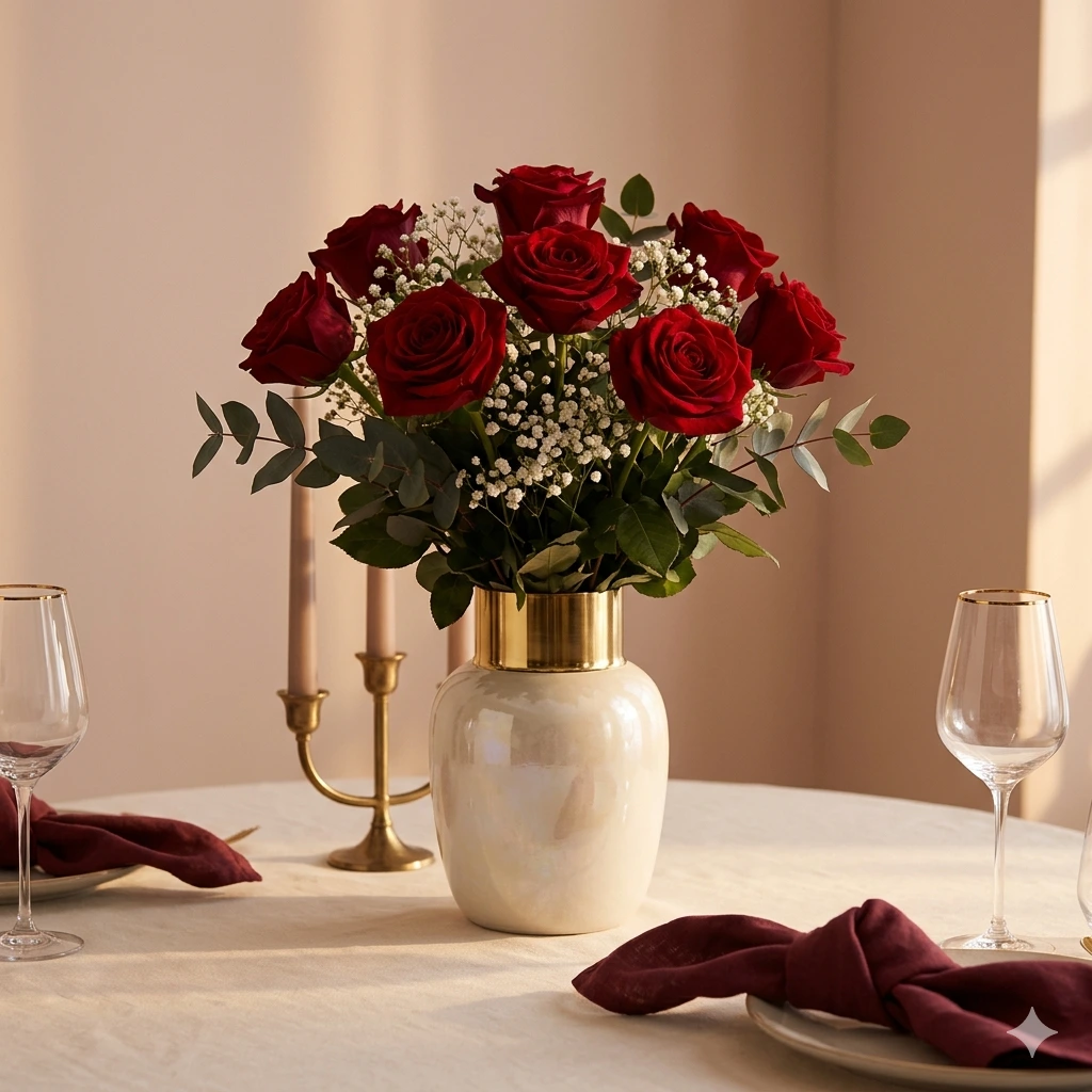 Bouquet de roses rouges Bamako sur table dressée pour dîner romantique, vase nacré à col doré, Pétence Florale