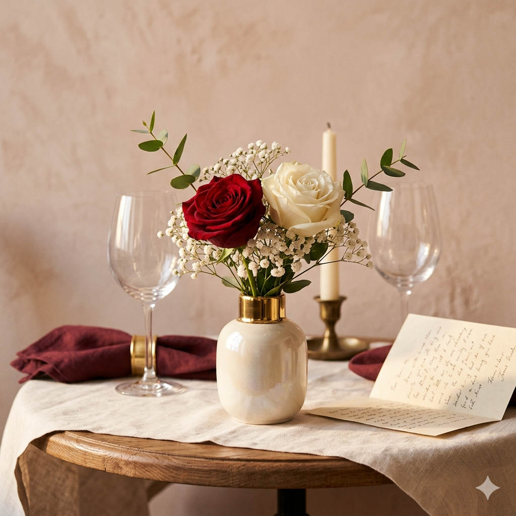 Petit bouquet romantique Bamako sur table de dîner intime à deux, 2 roses rouge et blanche dans vase nacré, Pétence Florale